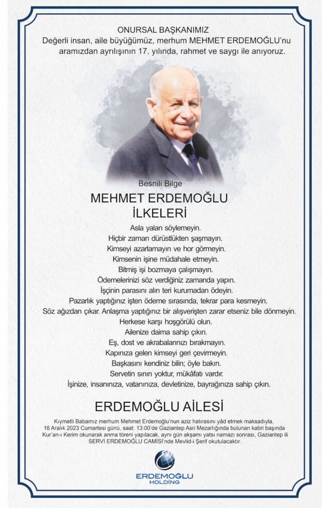 Mehmet Erdemoğlu Vefatının 17. Yılında  Anılacak…