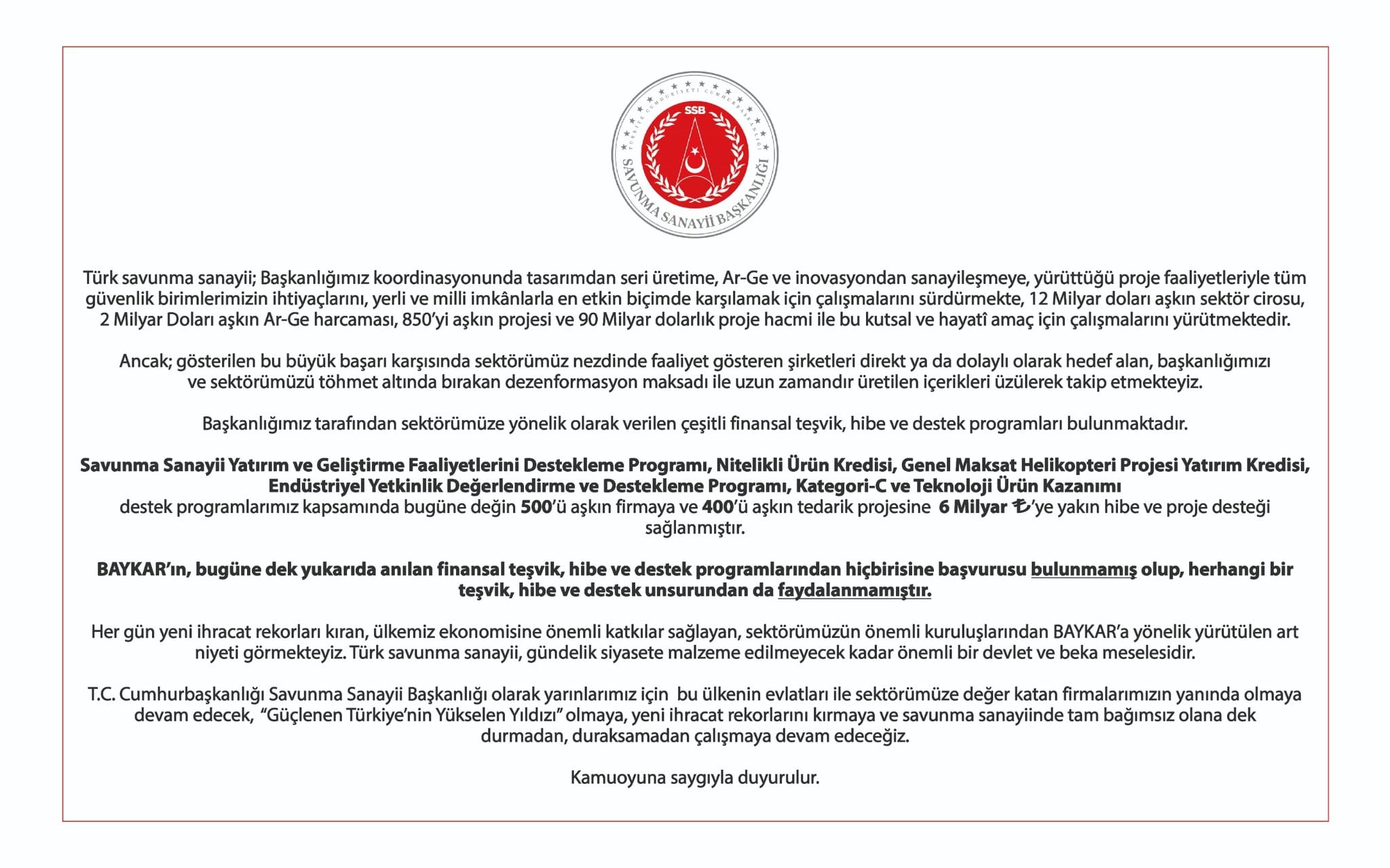 Savunma Sanayii Başkanlığı’ndan BAYKAR Açıklaması